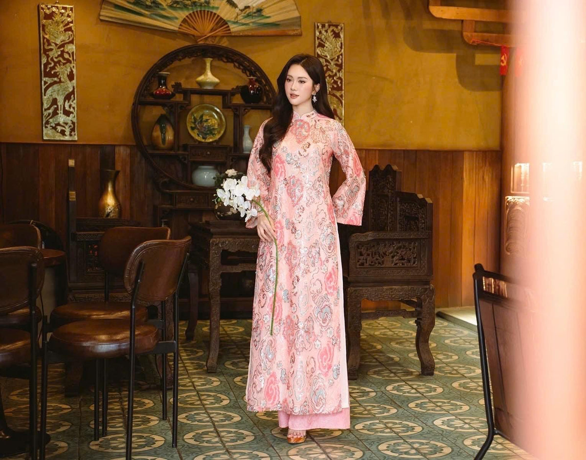 BacBling Vietnamese ao dai pink embroidery sequins, pants included