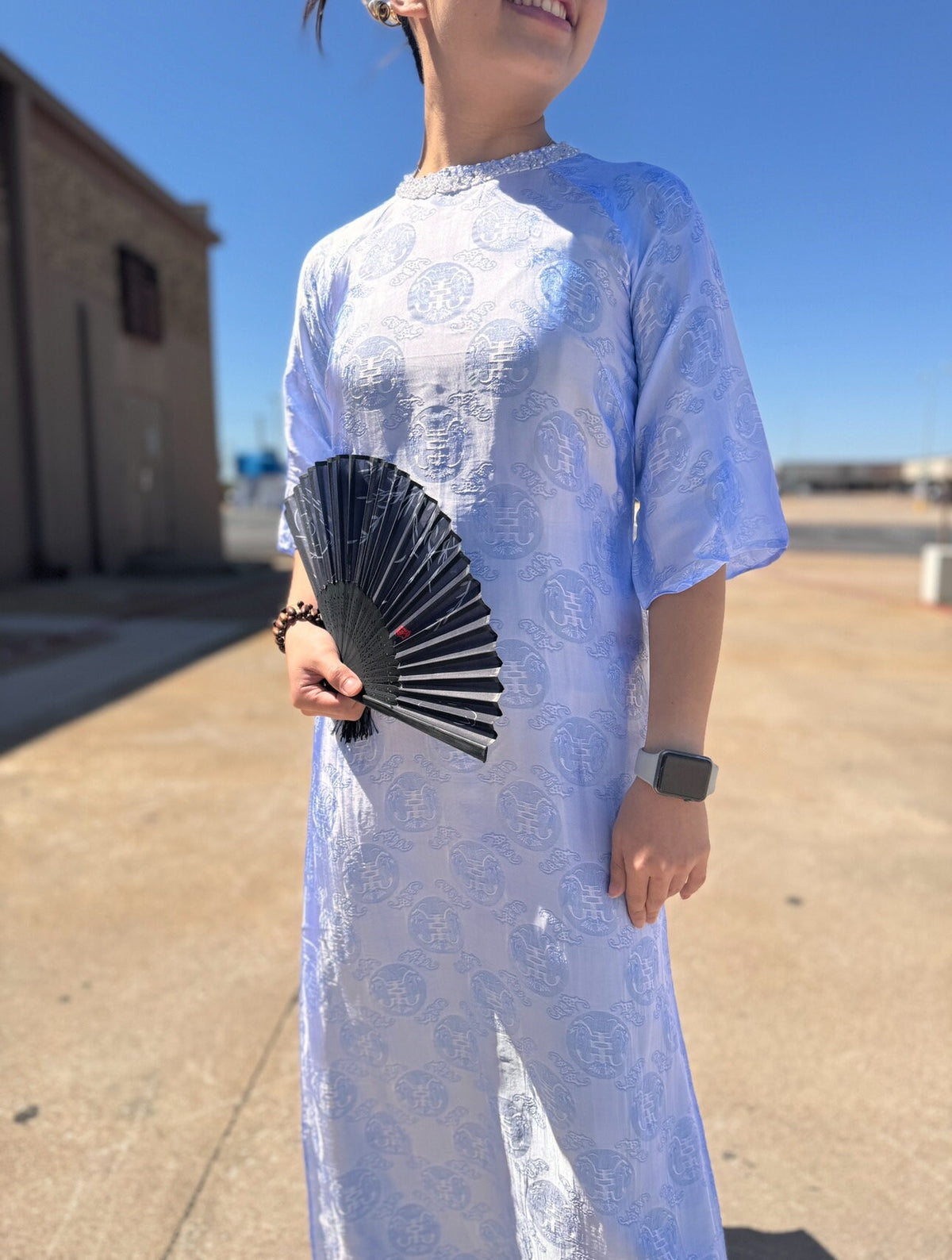 Vietnamese Aodai lụa tơ tằm Biec blue, luxury Mulberry silk ao dai, pants included
