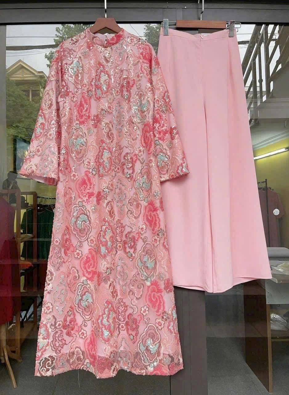 BacBling Vietnamese ao dai pink embroidery sequins, pants included