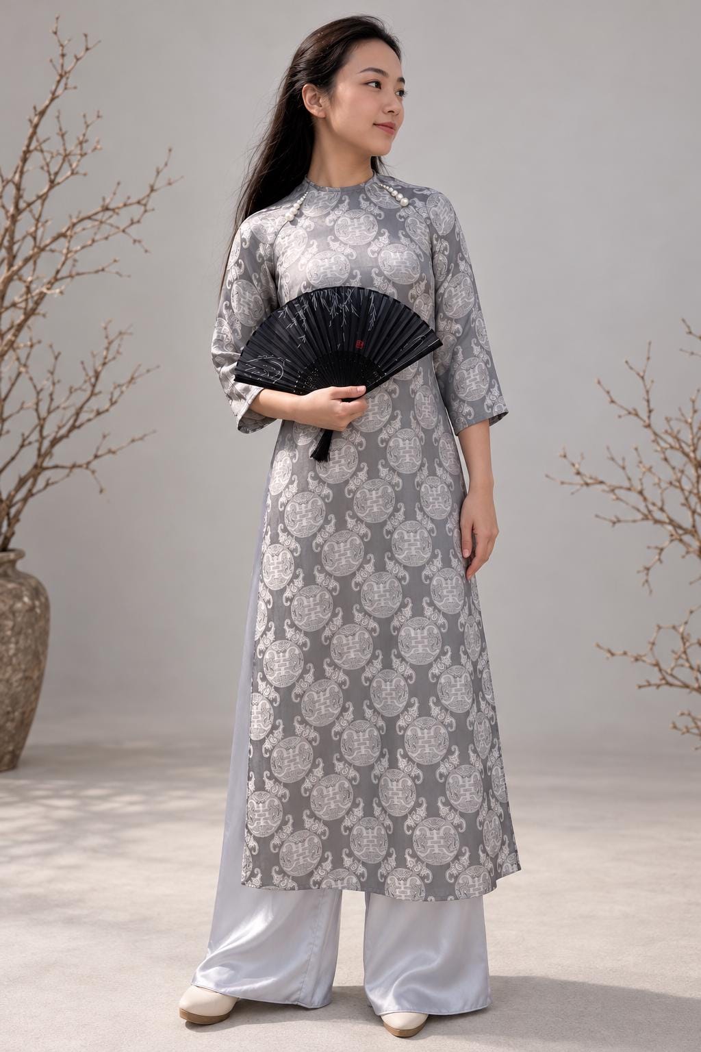 ThoXam Vietnamese aodai gray, pants included