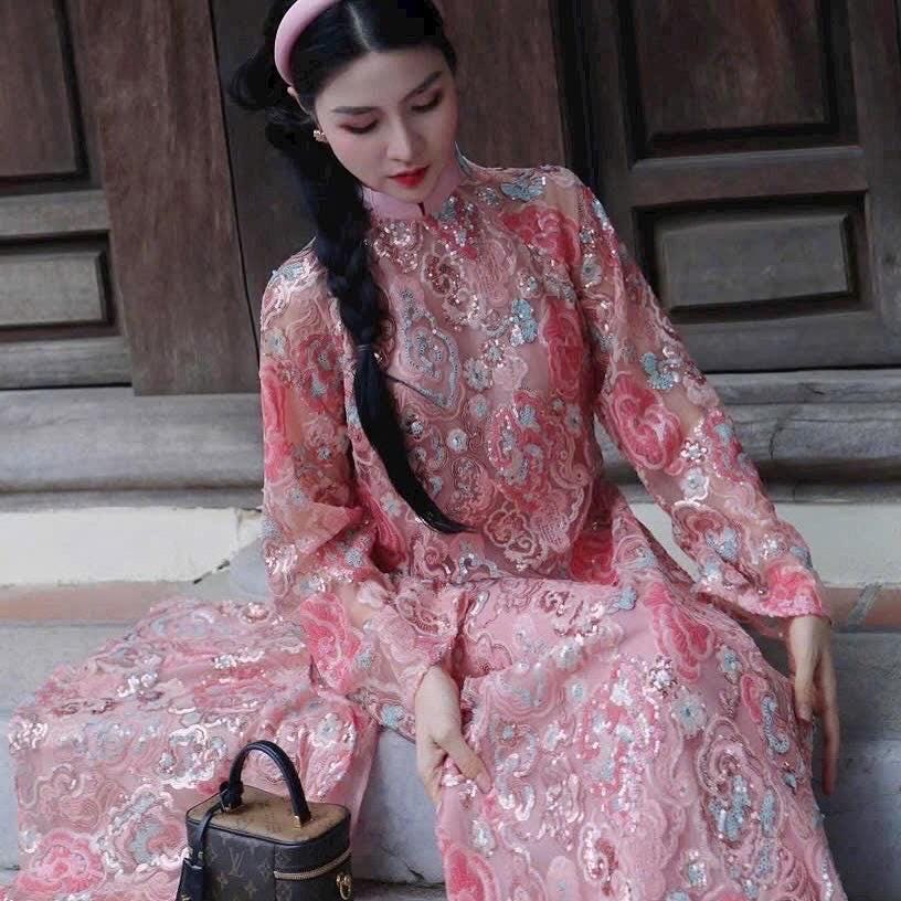 BacBling Vietnamese ao dai pink embroidery sequins, pants included