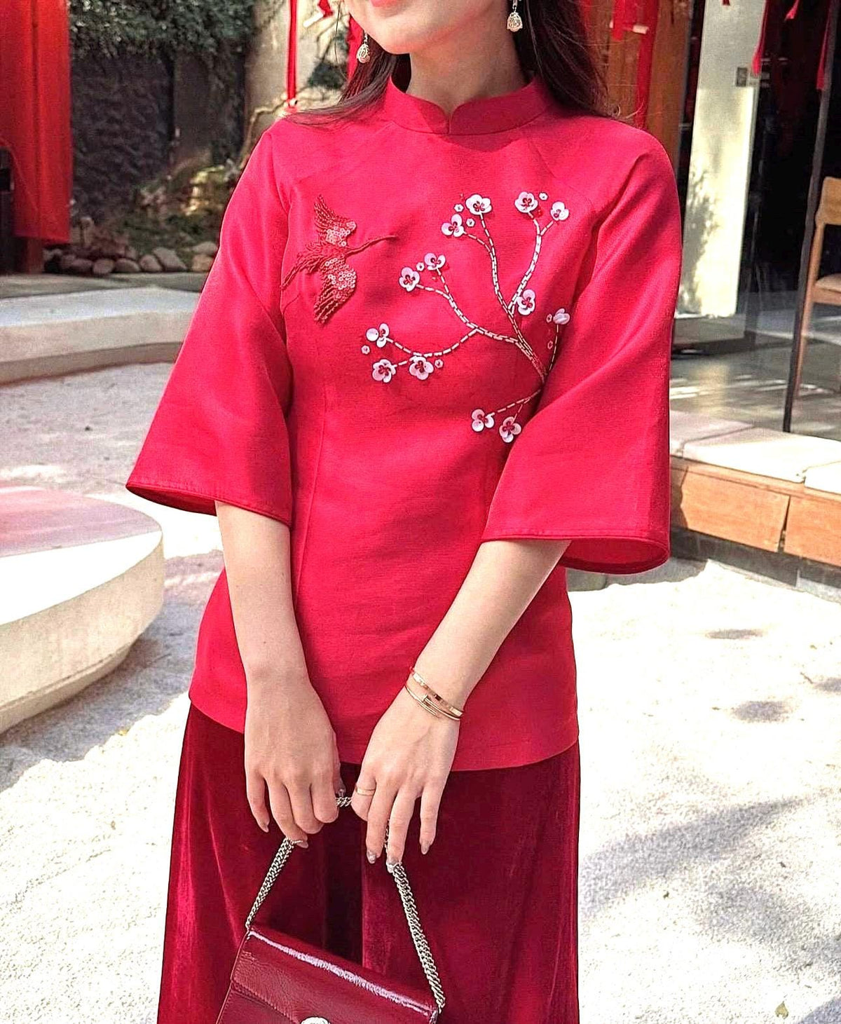 Set of Vietnamese Phap phuc red embroidery and beaded, velvet pants included
