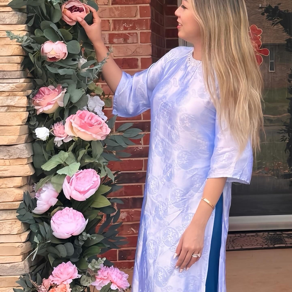 Vietnamese Aodai lụa tơ tằm Biec blue, luxury Mulberry silk ao dai, pants included