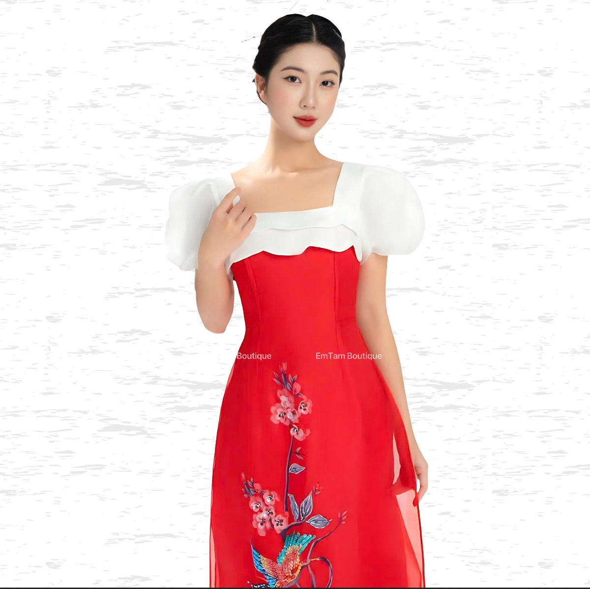 Tamy Vietnamese aodai red beaded, pants included