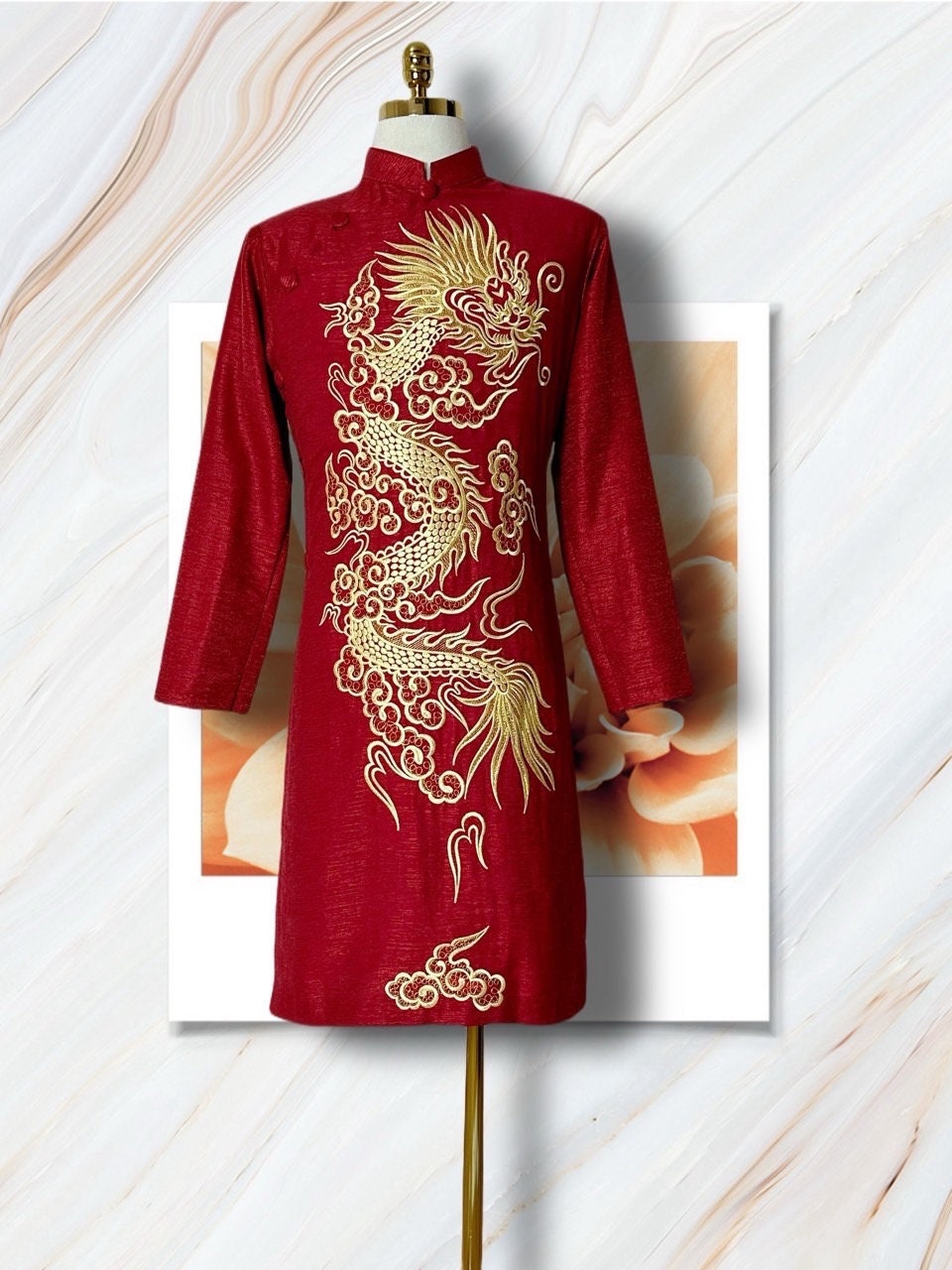 LongPhung Vietnamese red aodai for men embroidered