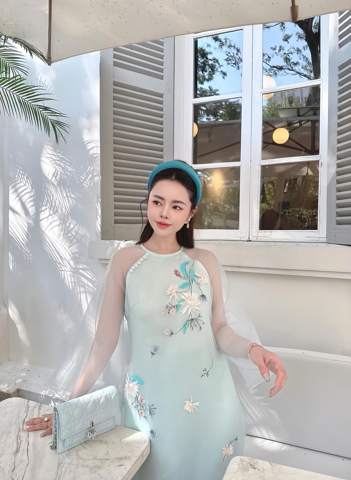 Linny Vietnamese ao dai embroidery mint, pants included