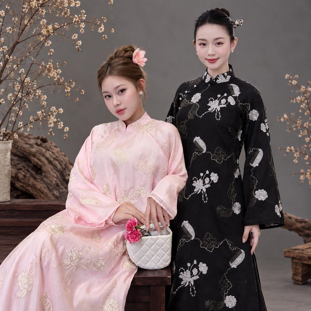 DienHy Vietnamese ao dai pink or black, pants included
