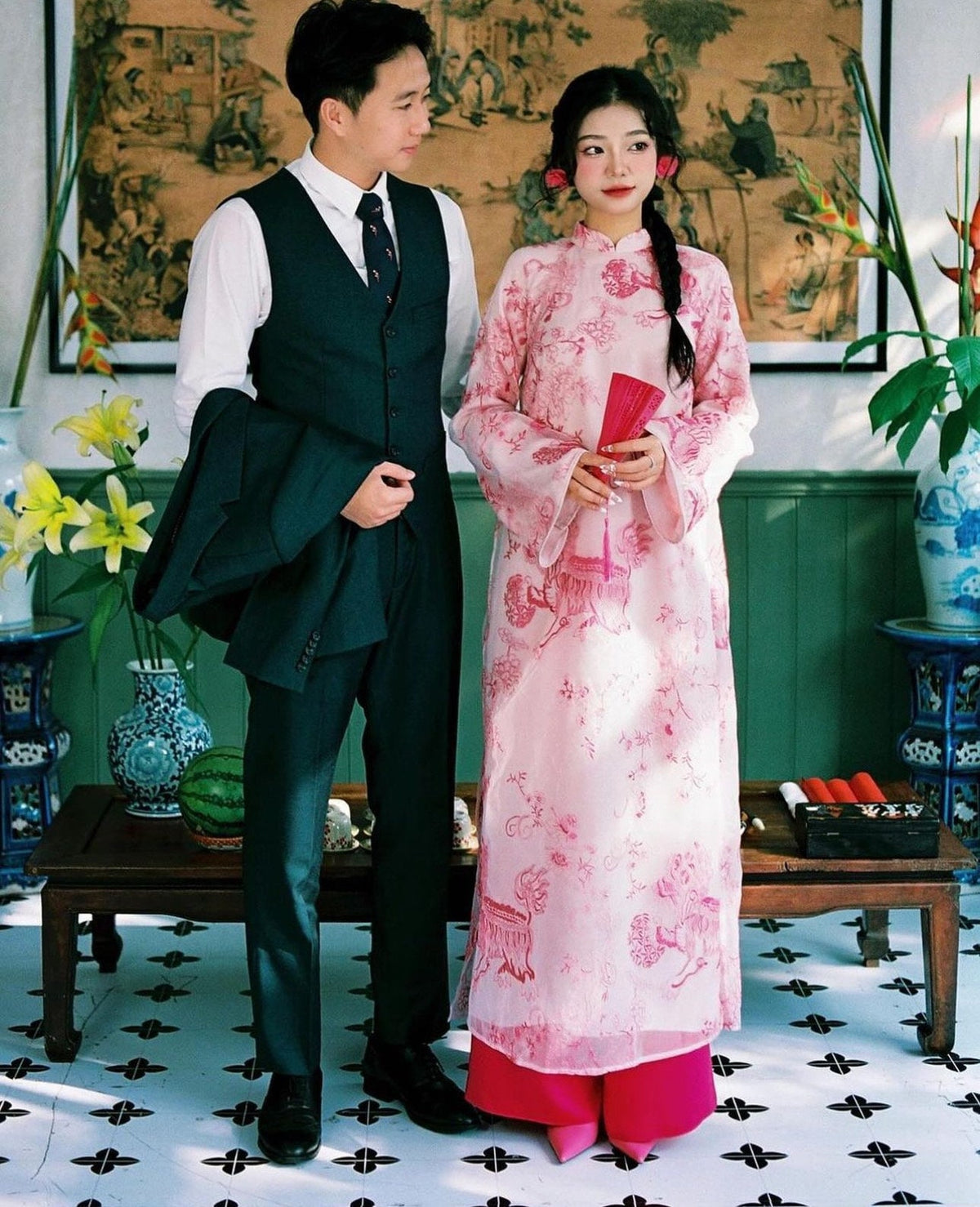 KyLan Vietnamese ao dai pink, pants included