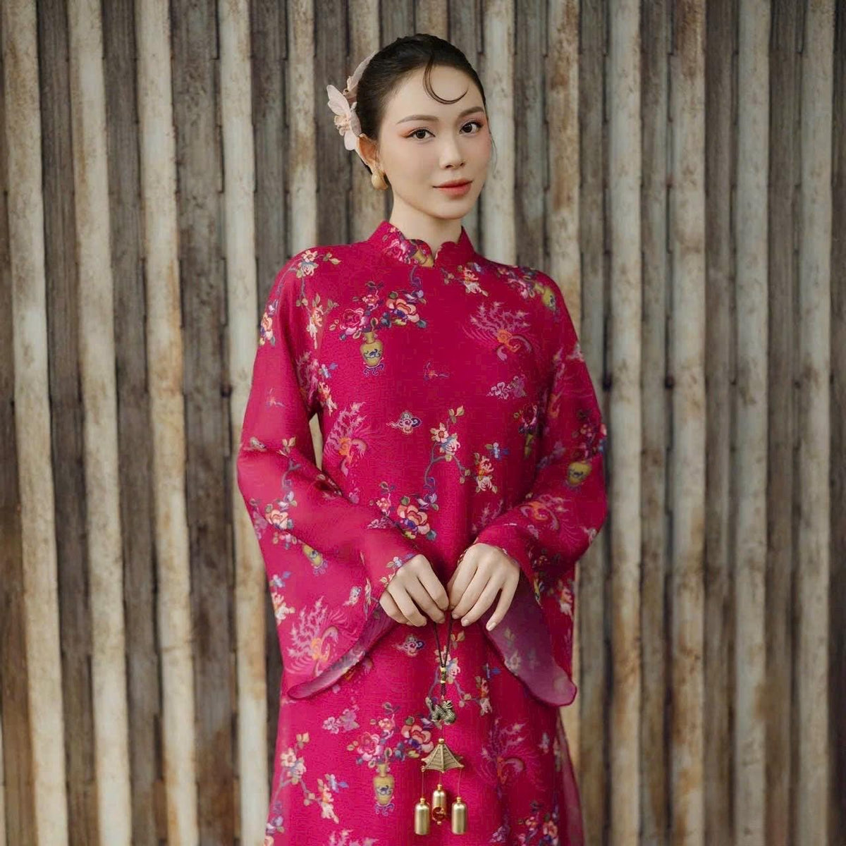 Vietnamese ao dai Lilam fushia printed aodai, pants included