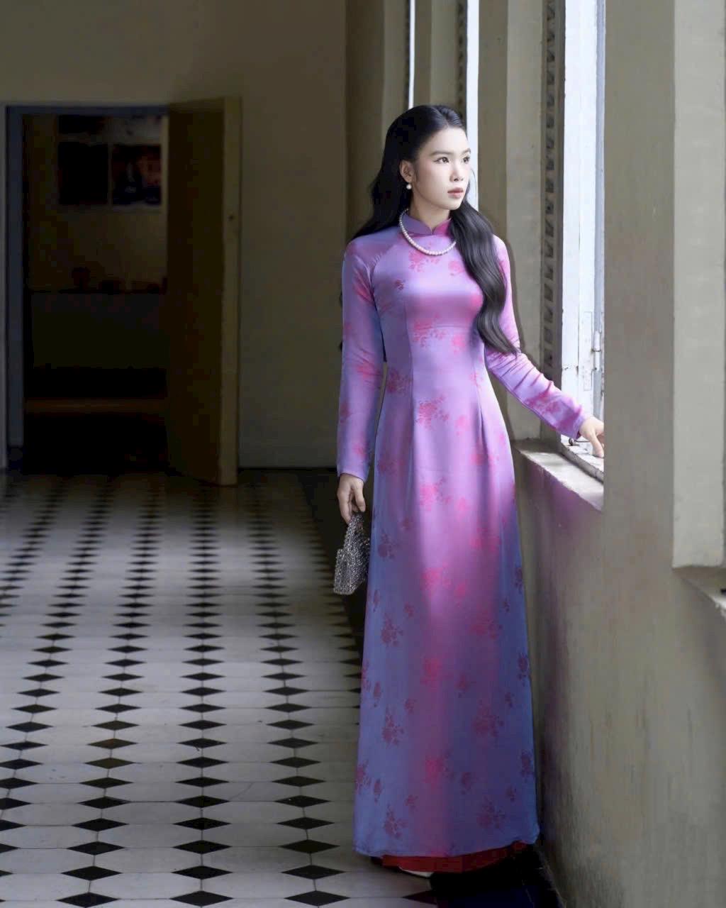 Vietnamese aodai purple gam 2 da Daisy two tone, pants included