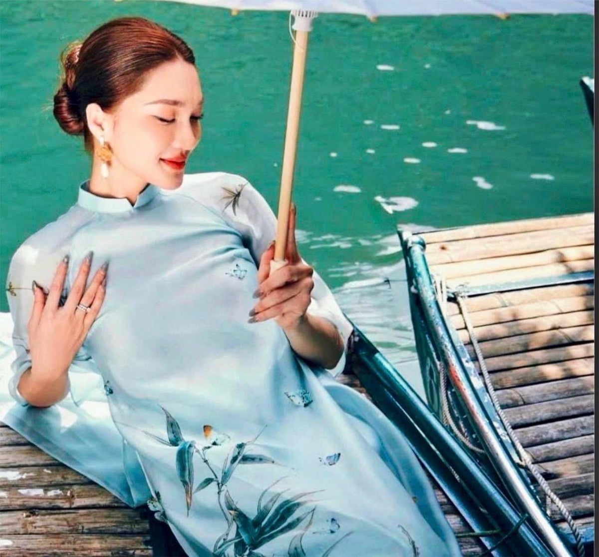 TrucHy Vietnamese ao dai ivory and blue, pants included