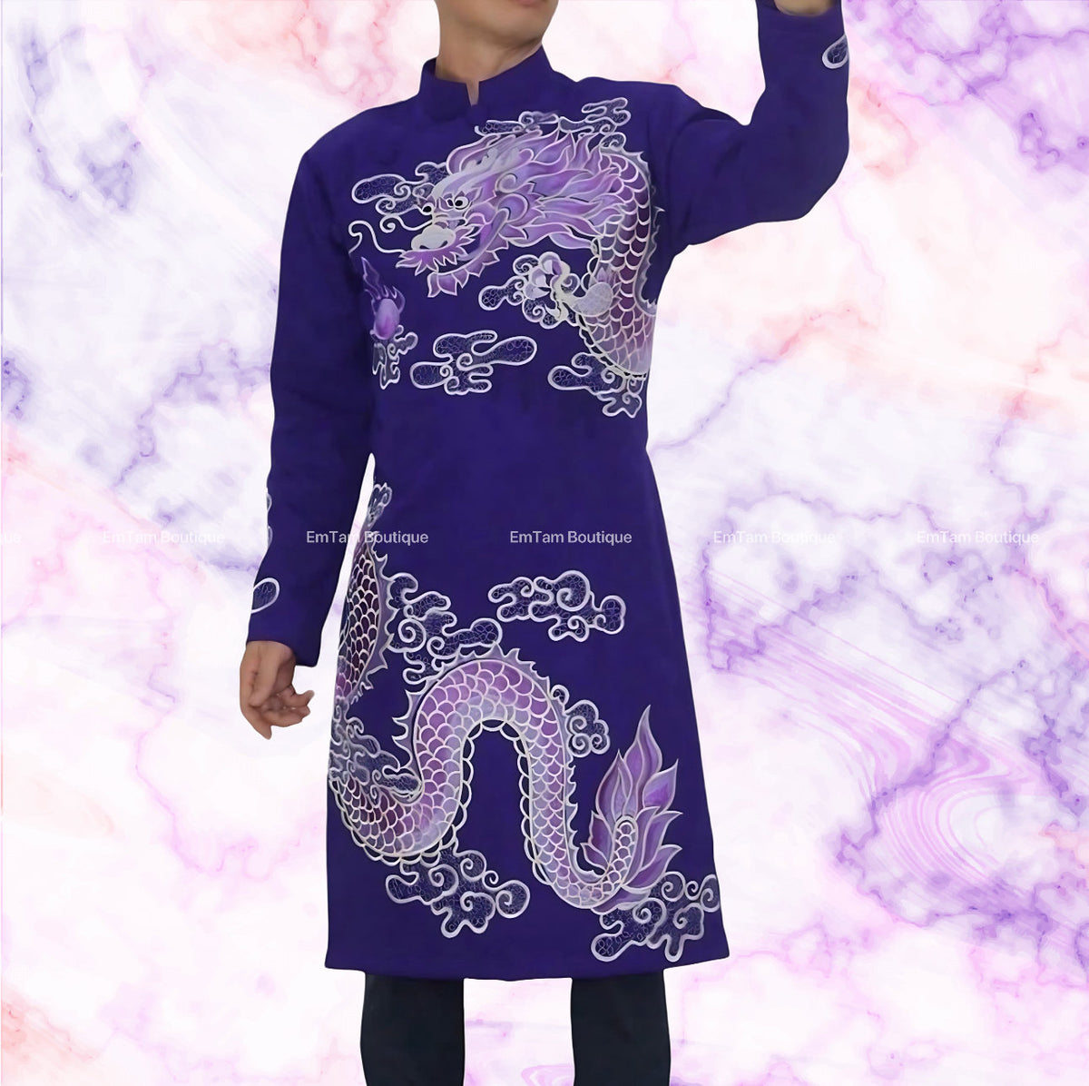 Dragon Vietnamese aodai for men embroidered purple