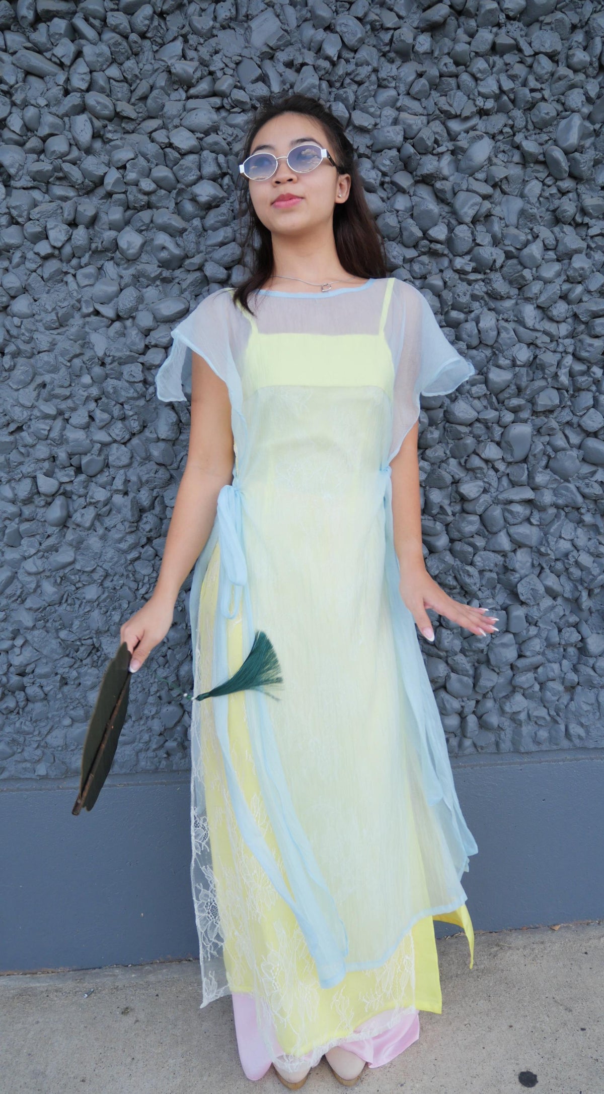 CachTanRen Vietnamese ao dai 2 pieces yellow or green, pants included