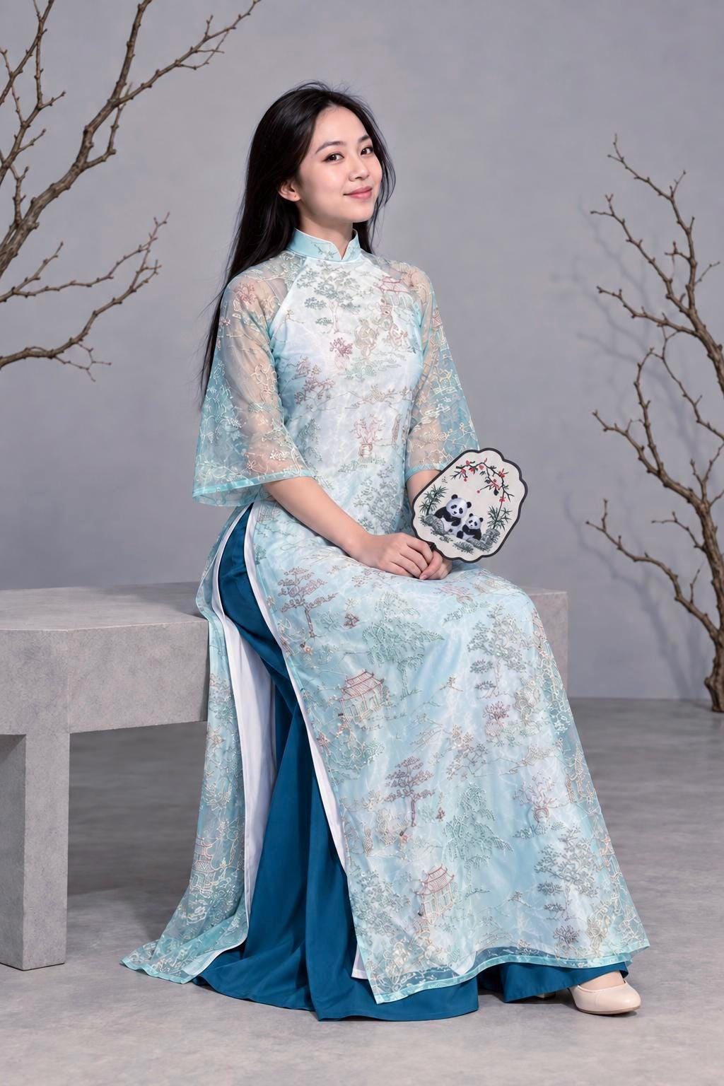 ThuyMy Vietnamese aodai blue organza, pants included