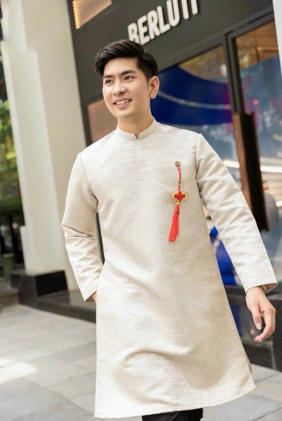 Vietnamese aodai for men Taffeta Soi white and red