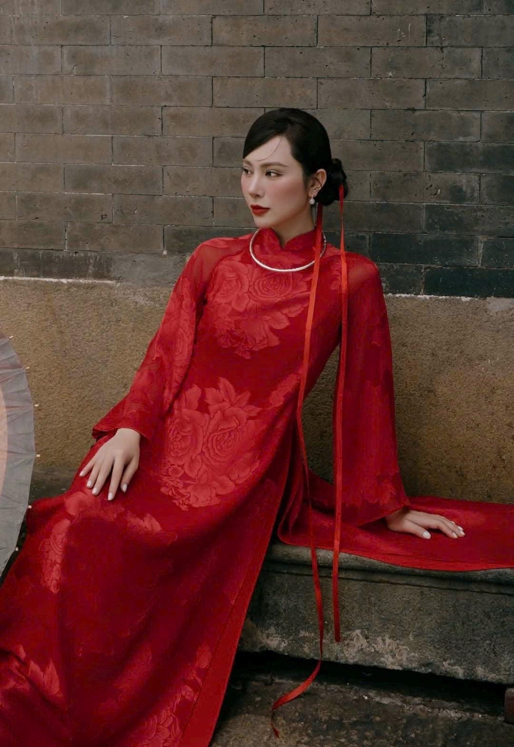 MocTra Vietnamese ao dai rose red or ivory, pants included