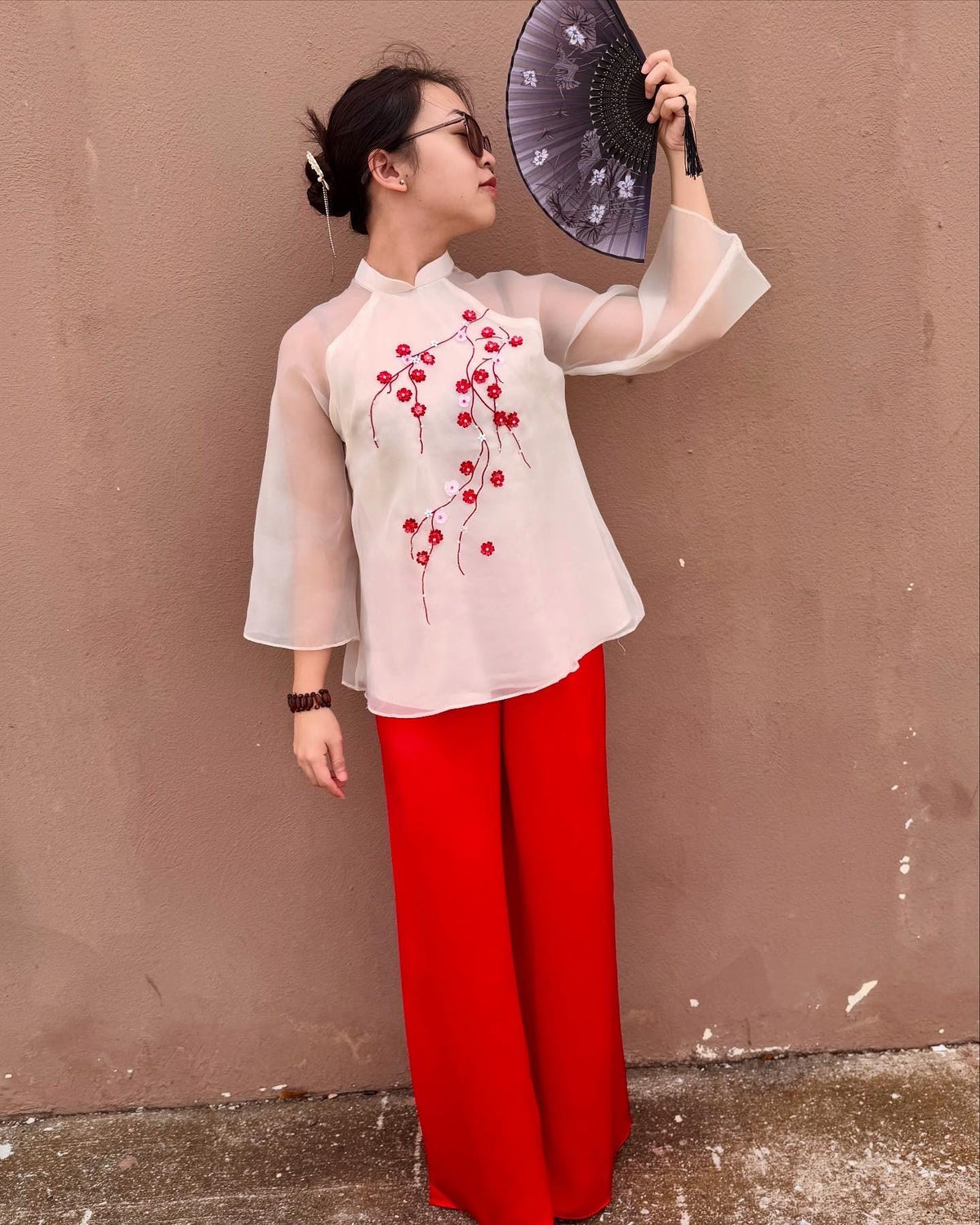 Set of Vietnamese Phap phuc cream embroidery, pants included