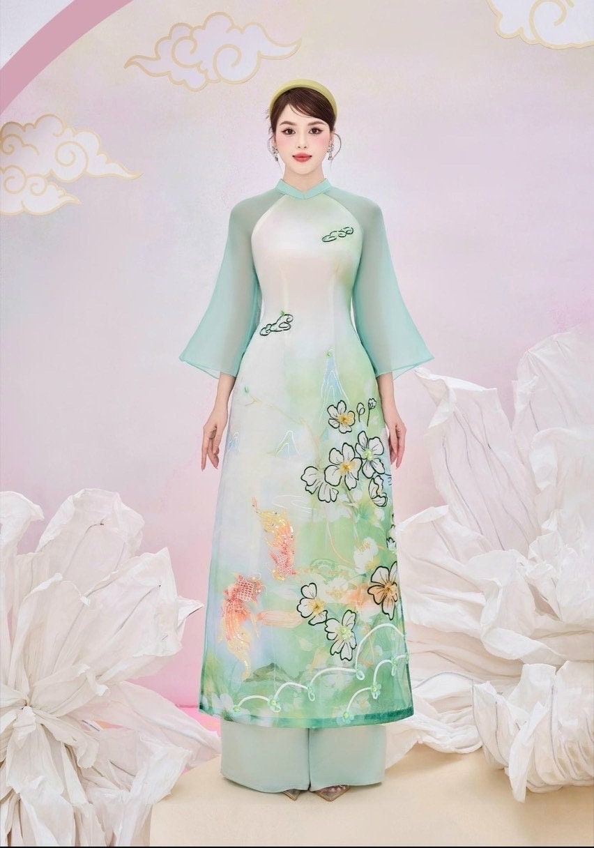 Vietnamese aodai SongNgu green, pants included