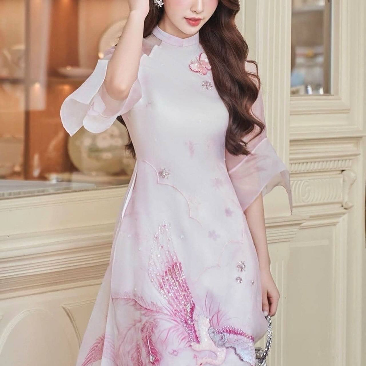 Vietnamese phoenix aodai light pink, pants included