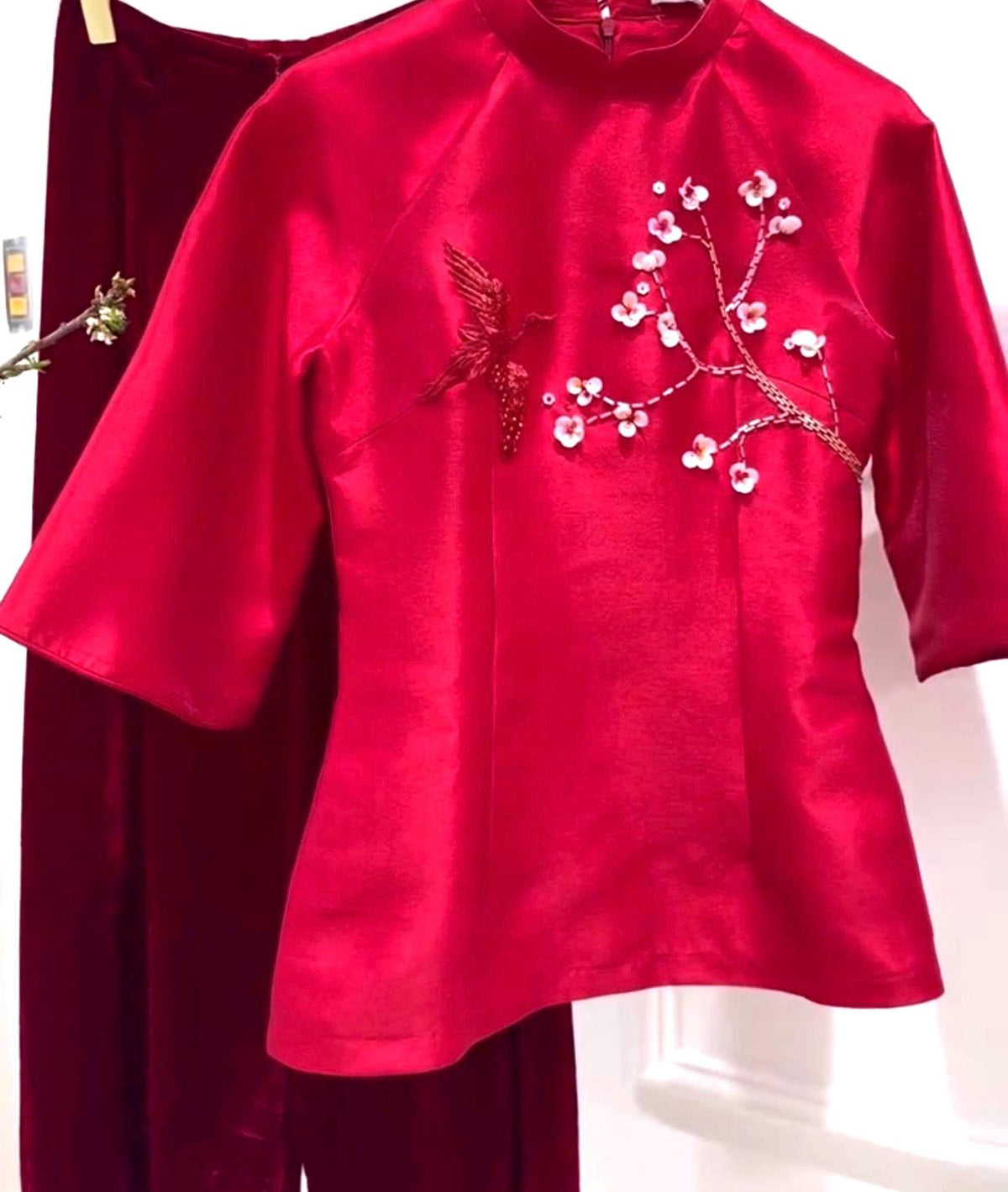 Set of Vietnamese Phap phuc red embroidery and beaded, velvet pants included