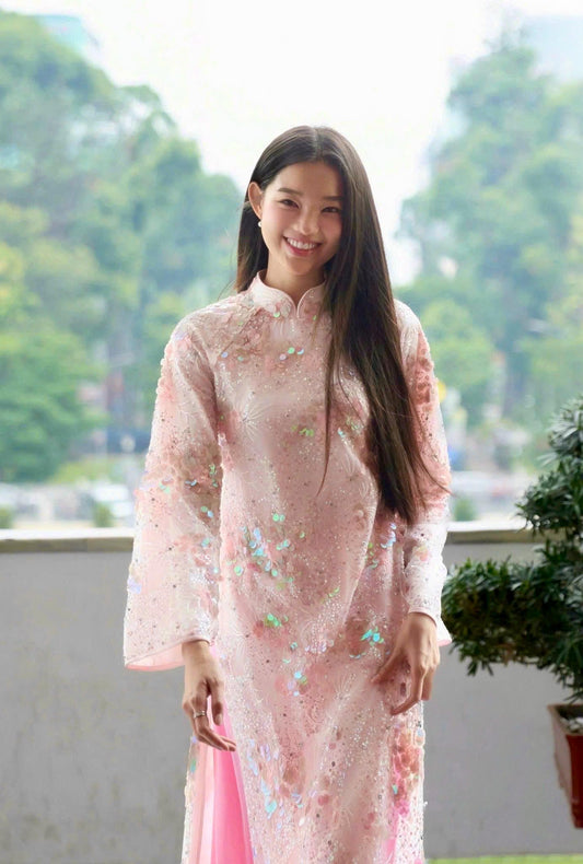 HongChu Vietnamese luxury ao dai pink sequins, pants included