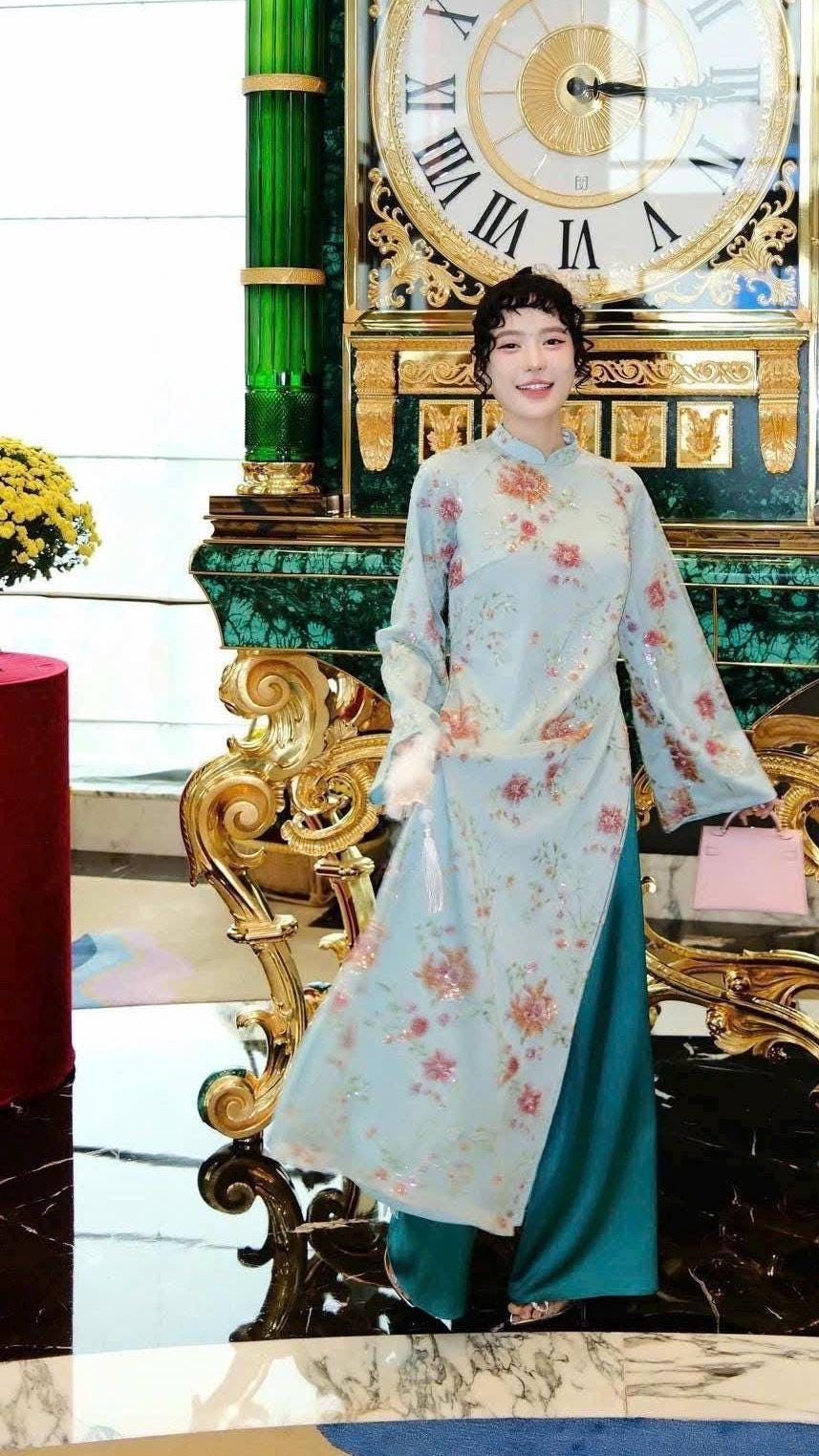 XuanHa Vietnamese ao dai embroidery blue/ white sequins, pants included