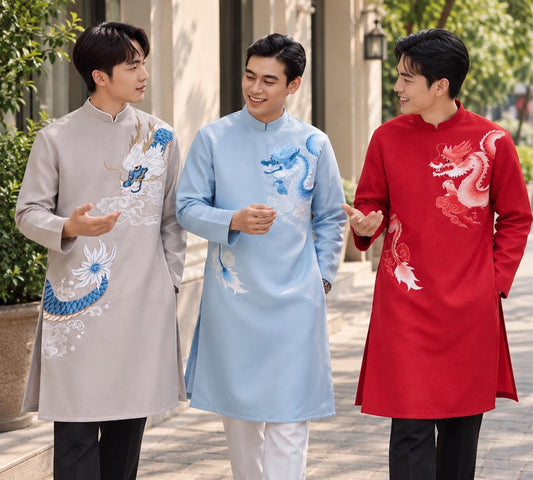 Vietnamese aodai for men embroided dragon grey/ red/ blue ao dai gam taffeta