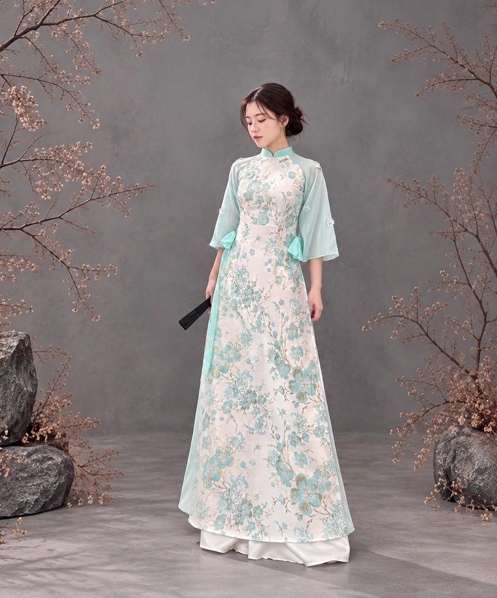HoaMai Vietnamese ao dai 3D texture with gold thread green, pants included