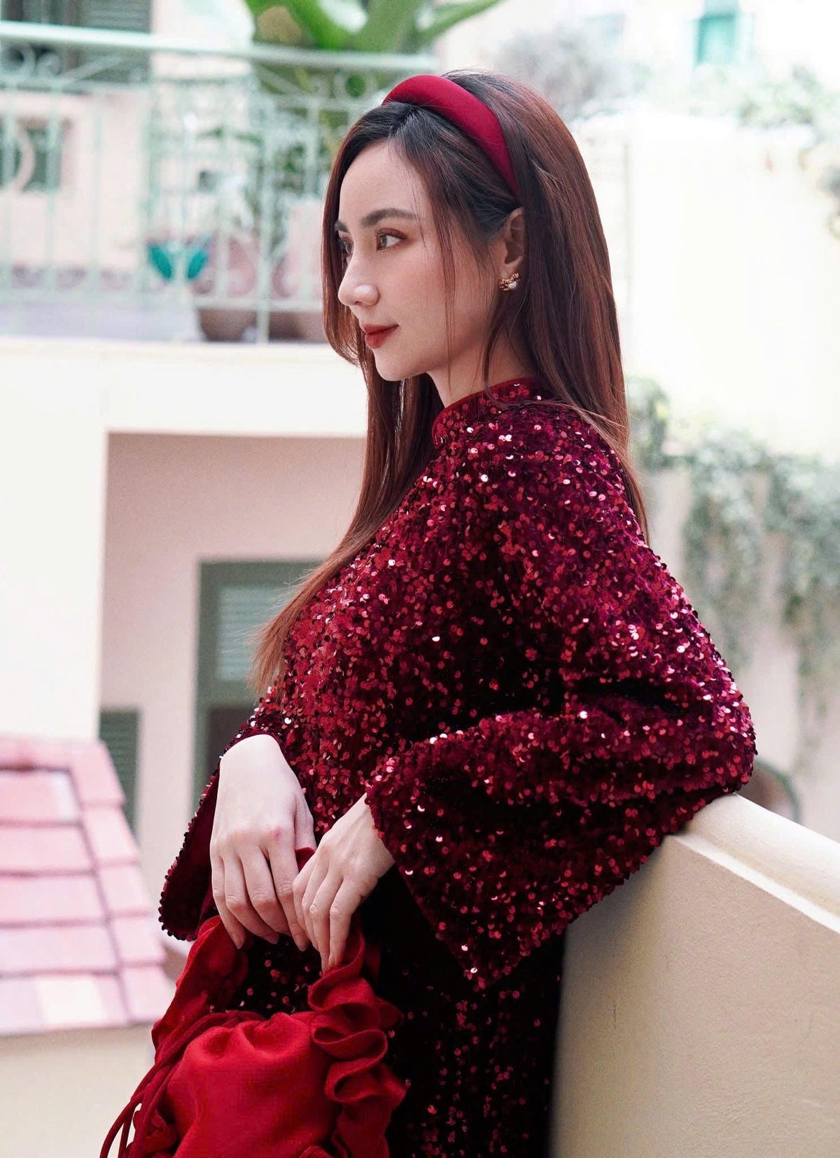 Vietnamese ao dai KimSa velvet embroidery dark red/ pink and cream sequins silk aodai , pants included