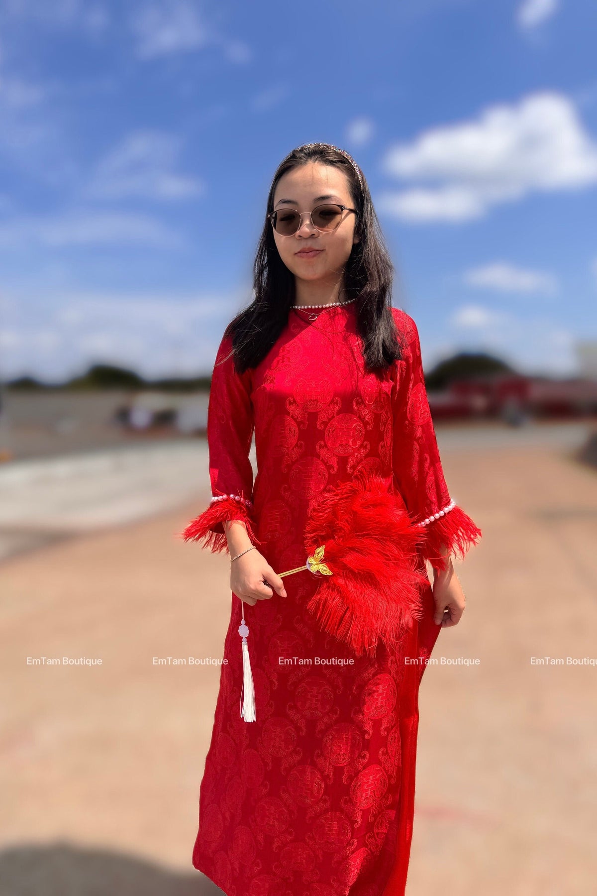 ThoDoi Vietnamese aodai red faux fur, pants included
