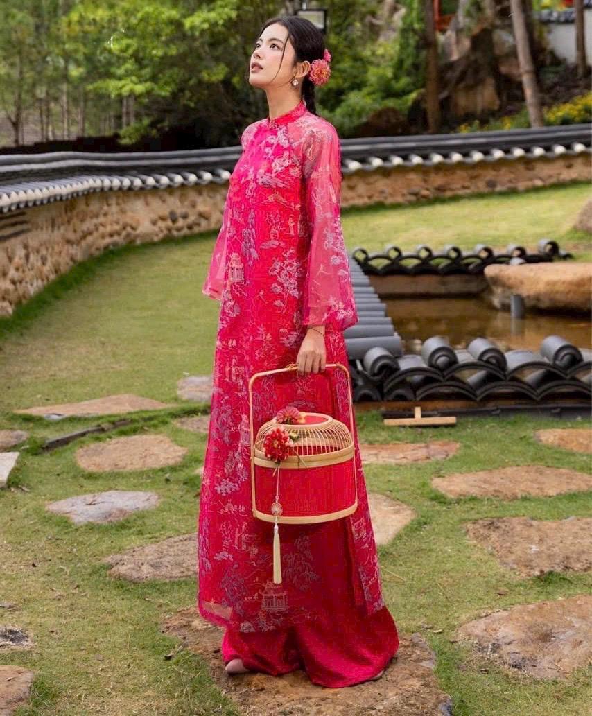 Vietnamese aodai ThuyMac rose pink ao dai, pants included