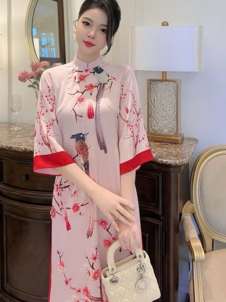 Vietnamese ao dai XuanHy pale pink loose style, pants included