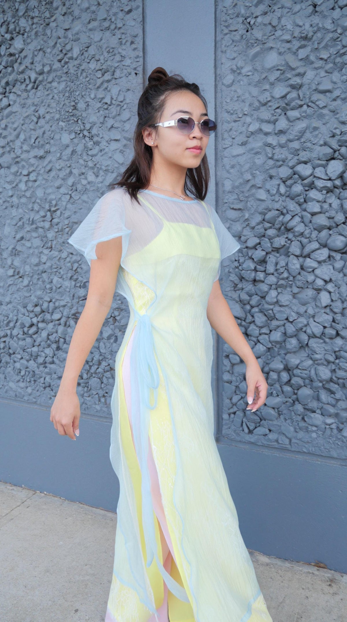 CachTanRen Vietnamese ao dai 2 pieces yellow or green, pants included