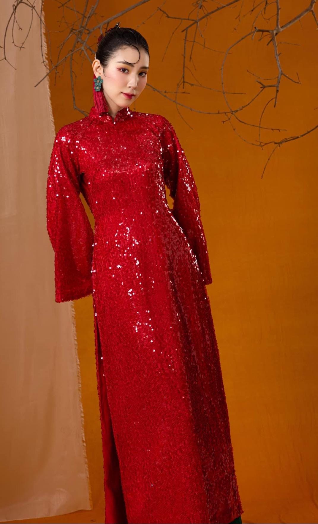KimSa Vietnamese ao dai pure white/ red/ pink/ blue embroidery sequins silk aodai , pants included
