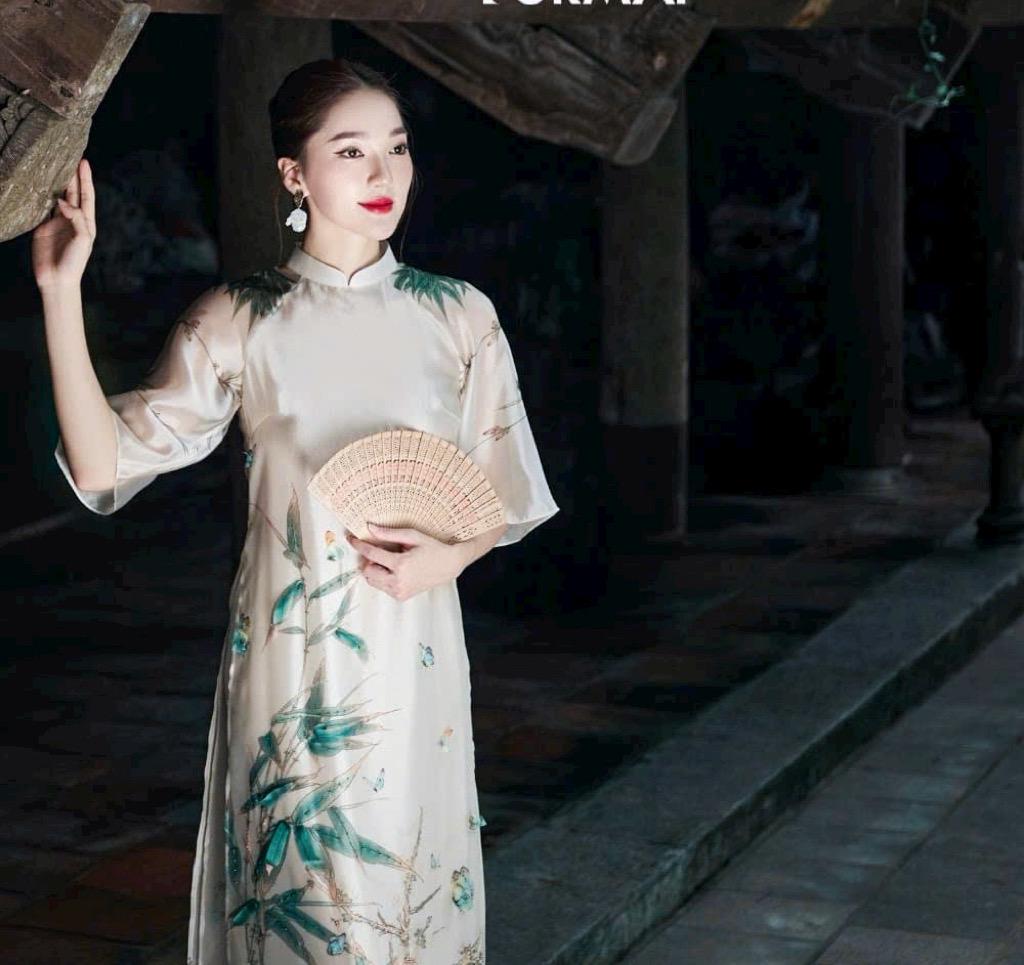TrucHy Vietnamese ao dai ivory and blue, pants included