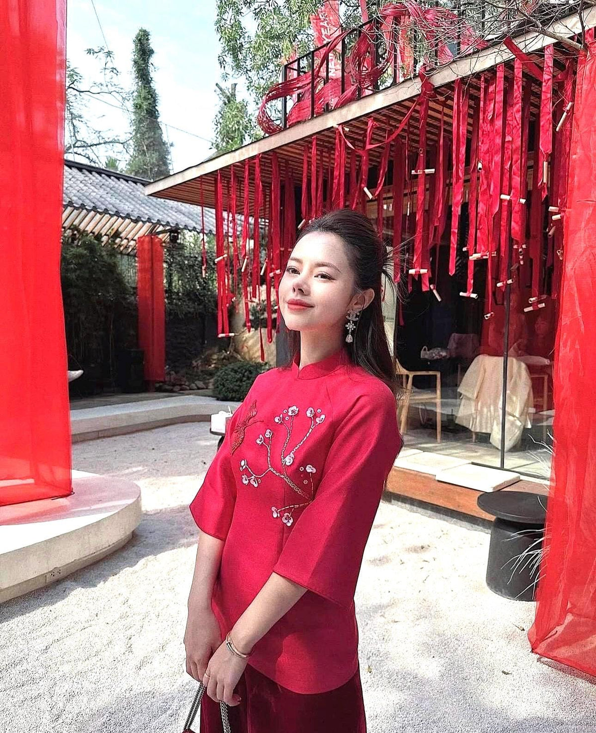 Set of Vietnamese Phap phuc red embroidery and beaded, velvet pants included