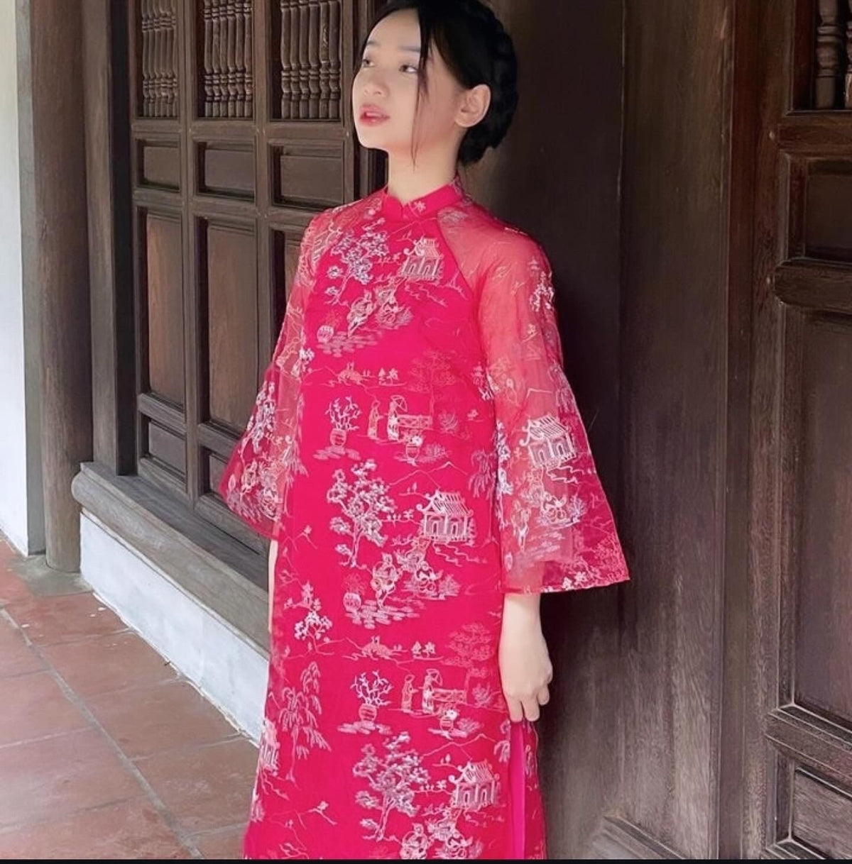 Vietnamese aodai ThuyMac rose pink ao dai, pants included