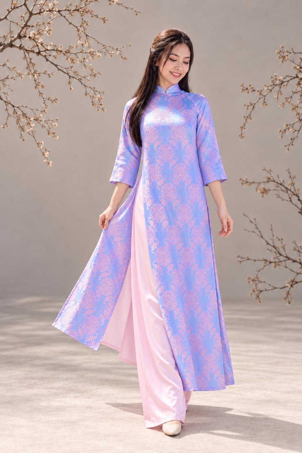 ThanhTho Vietnamese aodai blue, pants included