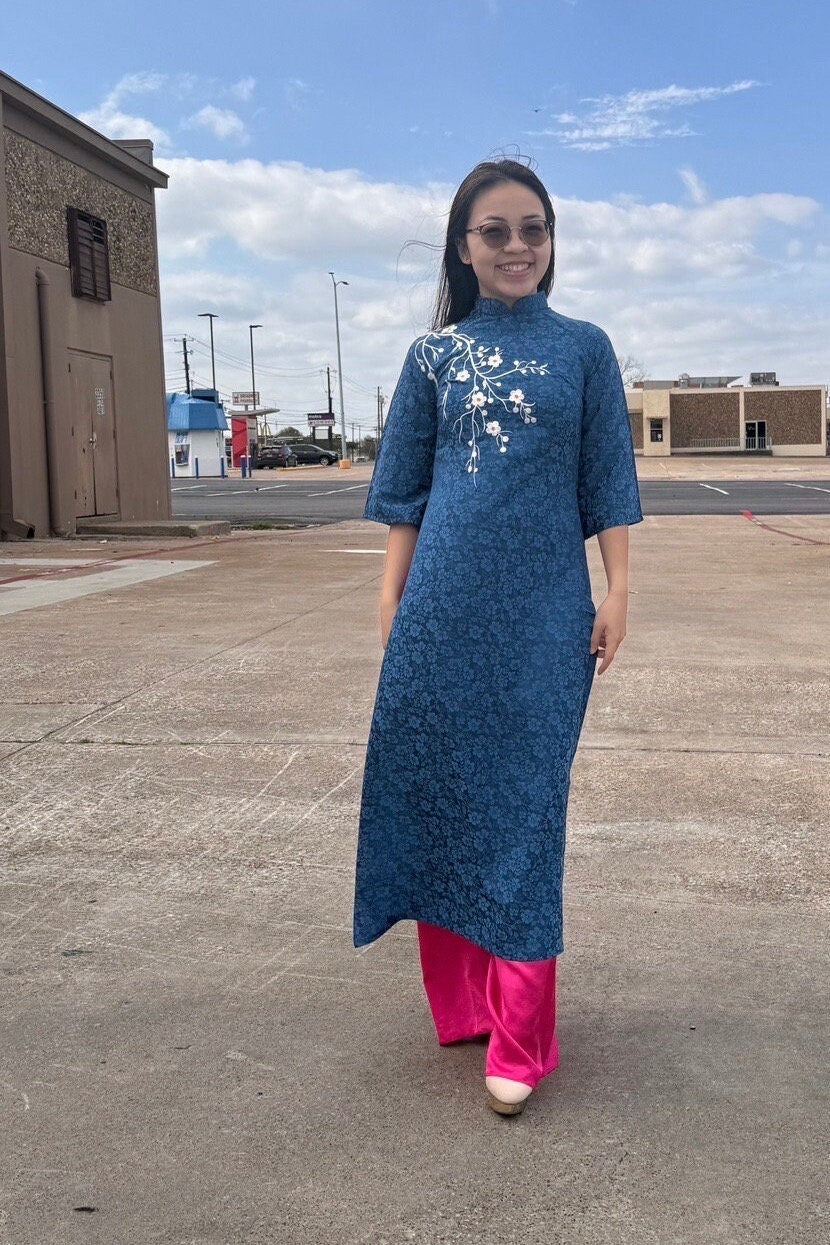 XuanLan Vietnamese aodai blue floral, pants included