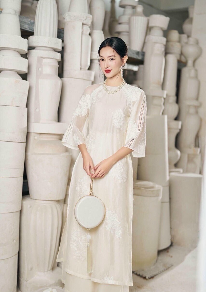 Vietnamese aodai QuynhDaren ivory cream, pants included