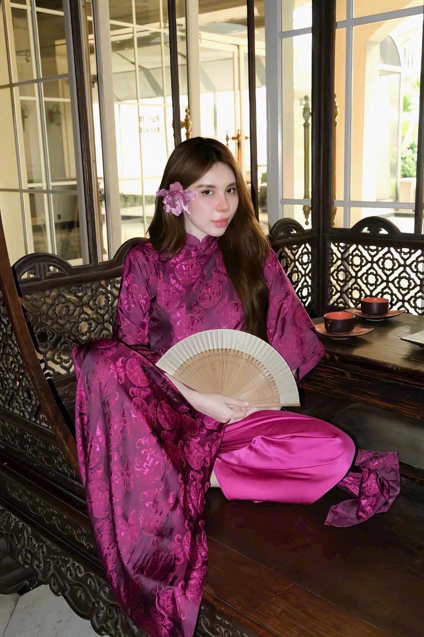 ThoCam Vietnamese ao dai fuchsia pink, pants included