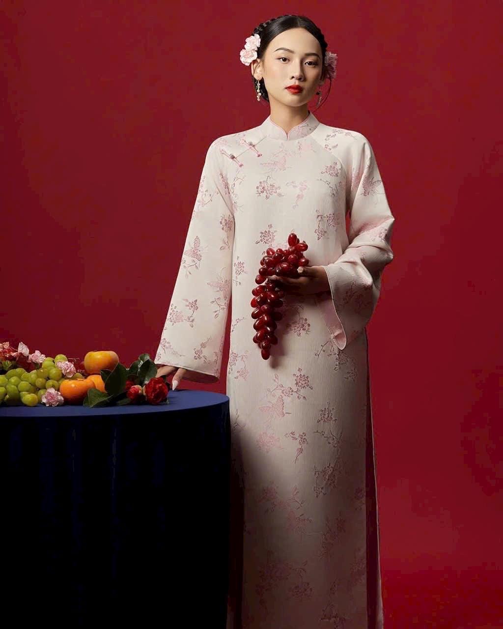 Vietnamese ao dai XuanHoi gam pink butterfly design aodai, pants included