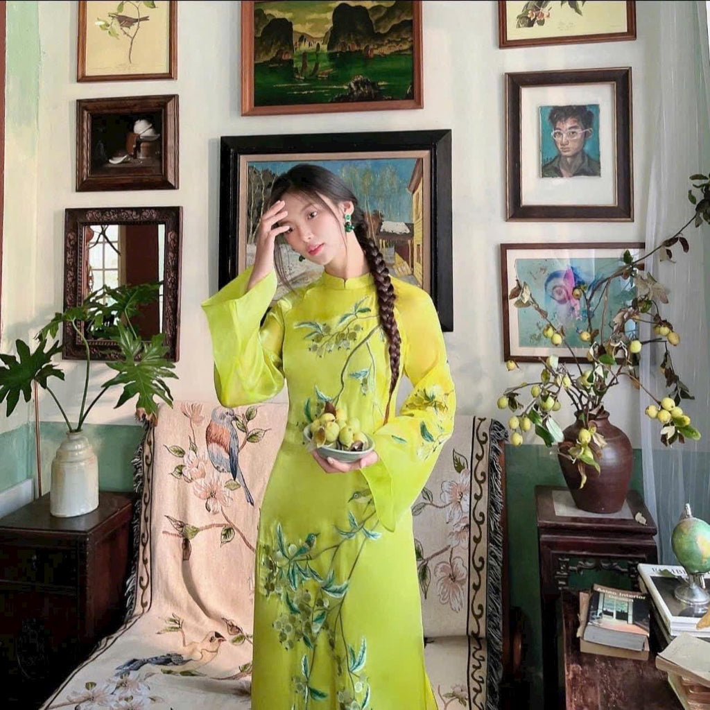 Lem Vietnamese ao dai lime punch green, pants included