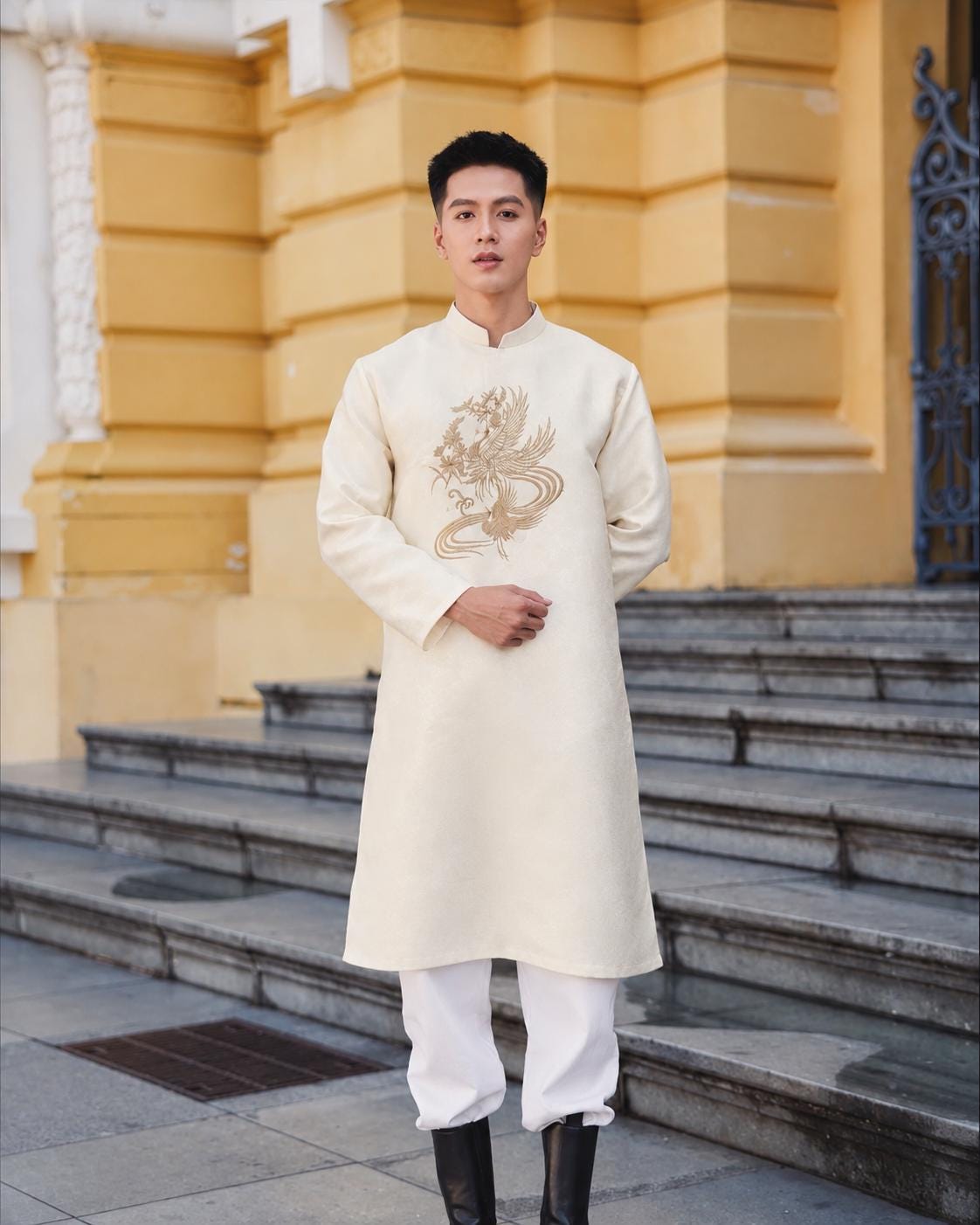 Vietnamese aodai for men GamCong red or cream beige