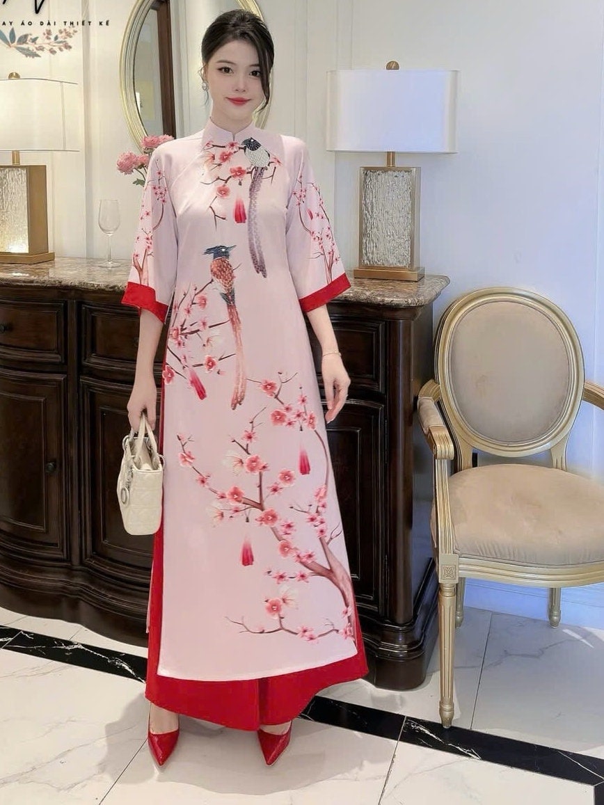 Vietnamese ao dai XuanHy pale pink loose style, pants included