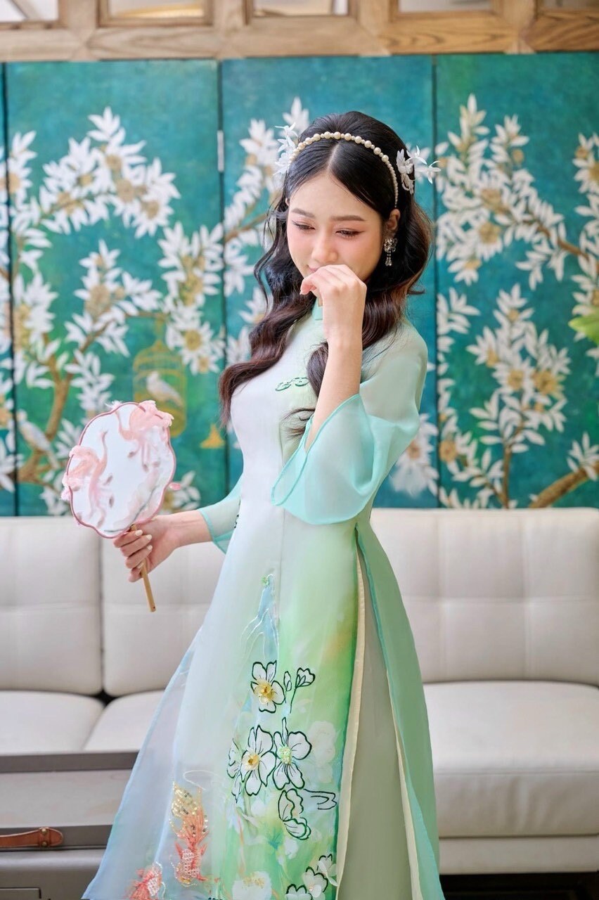 Vietnamese aodai SongNgu green, pants included