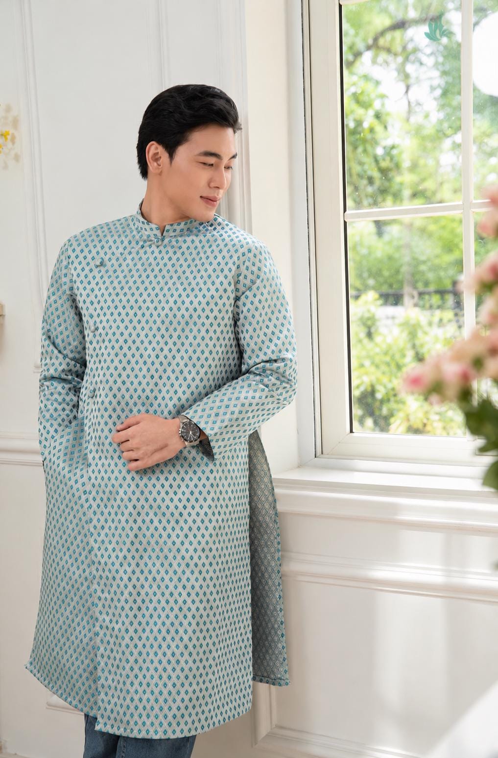 TuyenThoi Vietnamese aodai for men Tafta teal or ivory