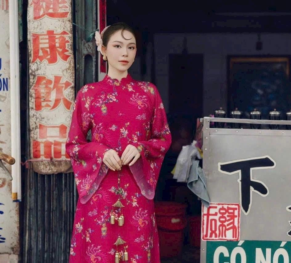 Vietnamese ao dai Lilam fushia printed aodai, pants included