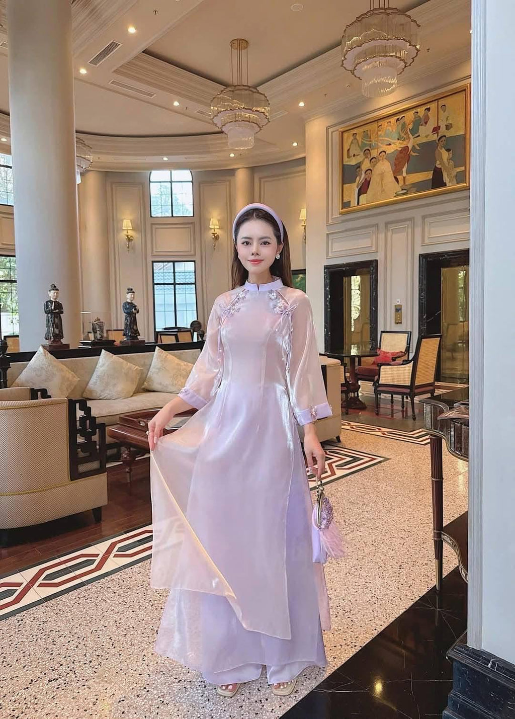 LynnTim Vietnamese aodai cutout purple beaded, pants included