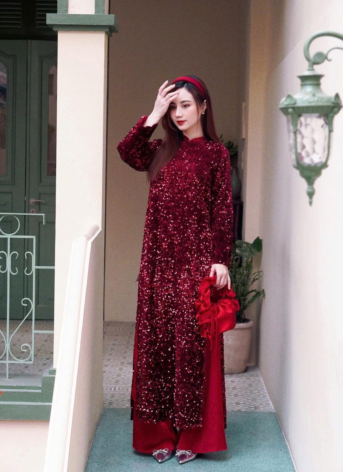 Vietnamese ao dai KimSa velvet embroidery dark red/ pink and cream sequins silk aodai , pants included